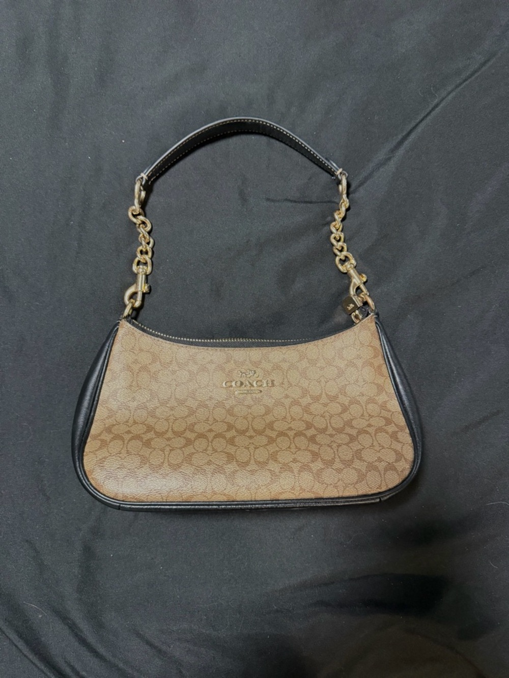 Coach Tan Signature Canvas Shoulder Bag with Black Trim